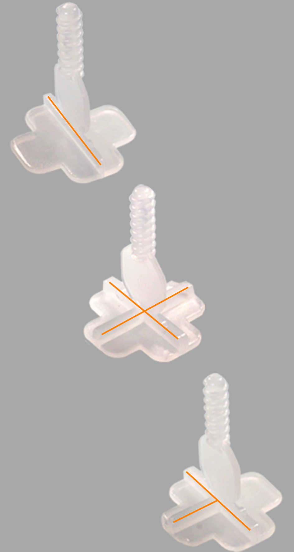 Die Gewindelaschen des Fliesen-Nivelliersystems: von oben nach unten: Basis-Gewindelasche 2 mm, Kreuz-Gewindelasche 2 mm, T-Stück-Gewindelasche 2 mm