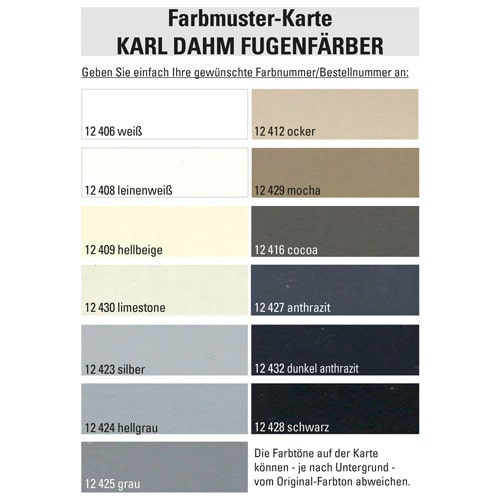 Farbmuster-Karte für den KARL DAHM Fugenfärber. Jetzt bestellen und passende Fugenfarbe auswählen.