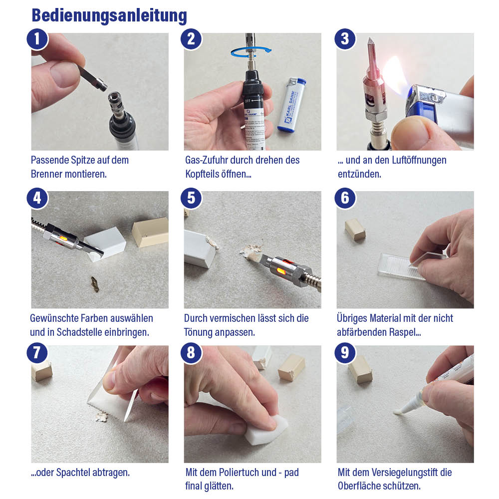 Bedienungsanleitung für das Fliesenreparatur-Set mit Gasschmelzer in neun Schritten.